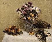 Henri Fantin-Latour White Roses, Chrysanthemums in a Vase, Peaches and Grapes on a Table with a White Tablecloth china oil painting reproduction